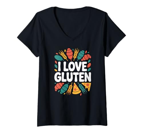 Damen I Love Gluten Funny Wheat Lovers Pizza Brot T-Shirt mit V-Ausschnitt Damen I Love Gluten Funny Wheat Lovers Pizza Brot T-Shirt mit V-Ausschnitt von Gluten Enthusiasts Celebration Fun Pizza Bread