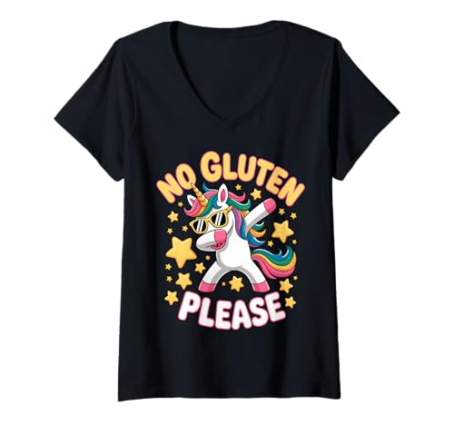 Damen Kein Gluten, Bitte süßes Einhorn, glutenfrei T-Shirt mit V-Ausschnitt Damen Kein Gluten, Bitte süßes Einhorn, glutenfrei T-Shirt mit V-Ausschnitt von Gluten Free Lifestyle Funny Tees