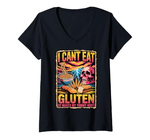 Damen I Can't Eat Gluten (it Makes My Tummy Hurt) T-Shirt mit V-Ausschnitt von Gluten Intoleranz Weizen Zöliakie Glutenintoleranz