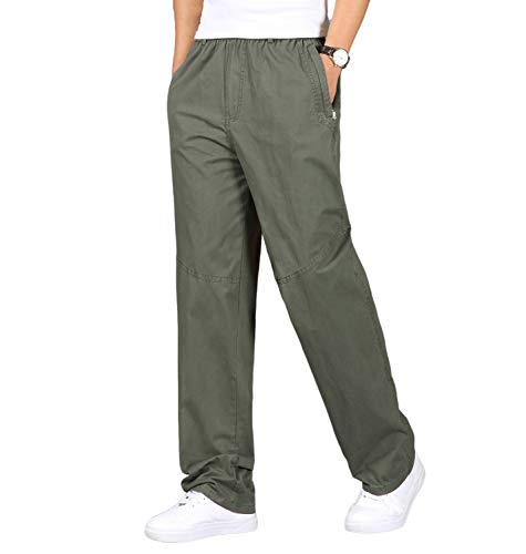 Gmardar Herren Baumwoll Chino Hose Loose Fit Stretch Arbeitshose Moderene Chinohose Leichte Gerade Hose Freizeithose mit Elastischem Kordelzug, Armeegrün-reißverschluss, 4XL von Gmardar