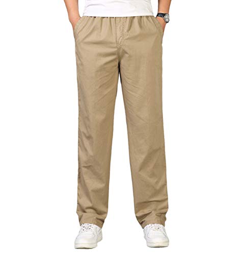 Gmardar Herren Baumwoll Chino Hose Loose Fit Stretch Arbeitshose Moderene Chinohose Leichte Gerade Hose Freizeithose mit Elastischem Kordelzug, Khaki, 3XL von Gmardar