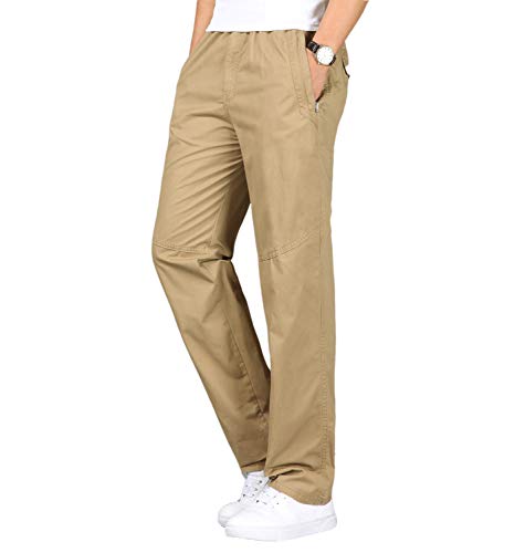 Gmardar Herren Baumwoll Chino Hose Loose Fit Stretch Arbeitshose Moderene Chinohose Leichte Gerade Hose Freizeithose mit Elastischem Kordelzug, Khaki-reißverschluss, 3XL von Gmardar