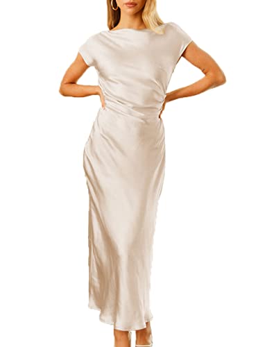 Gmeitoey 2023 Satin Flügelärmel Cowl Back Sommerkleider für Frauen Elegant Geraffte Taille Hochzeit Gast Midi Kleid, Champagner, Groß von Gmeitoey