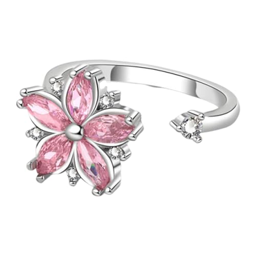 Gmokluytw Damen Drehbarer Spinner Ring – Kirschblüten Pink Zirkon | Verstellbarer Kupferring Gegen Stress Angst Meditation Konzentration Beruhigungs Schmuck Geschenk von Gmokluytw