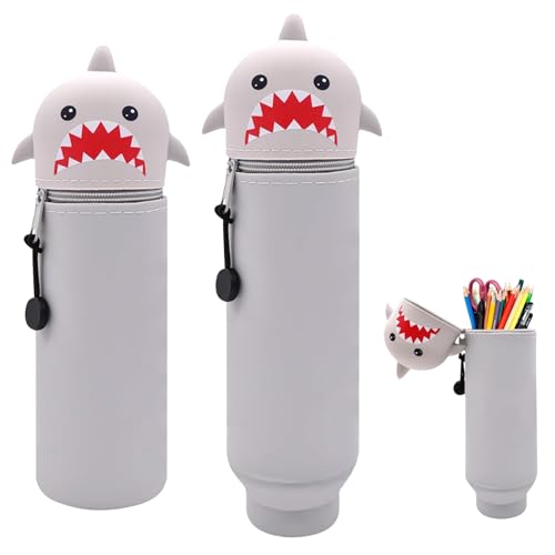 GmwyCzV Kawaii Federmäppchen, hai silikon bleistifttasche, 2-in-1 Weiche Silikontasche, Stand Up Federmäppchen, Tier Stifthalter, Cartoon Bleistifthalter Geeignet für Studium, Büro und Reisen (grau) von GmwyCzV