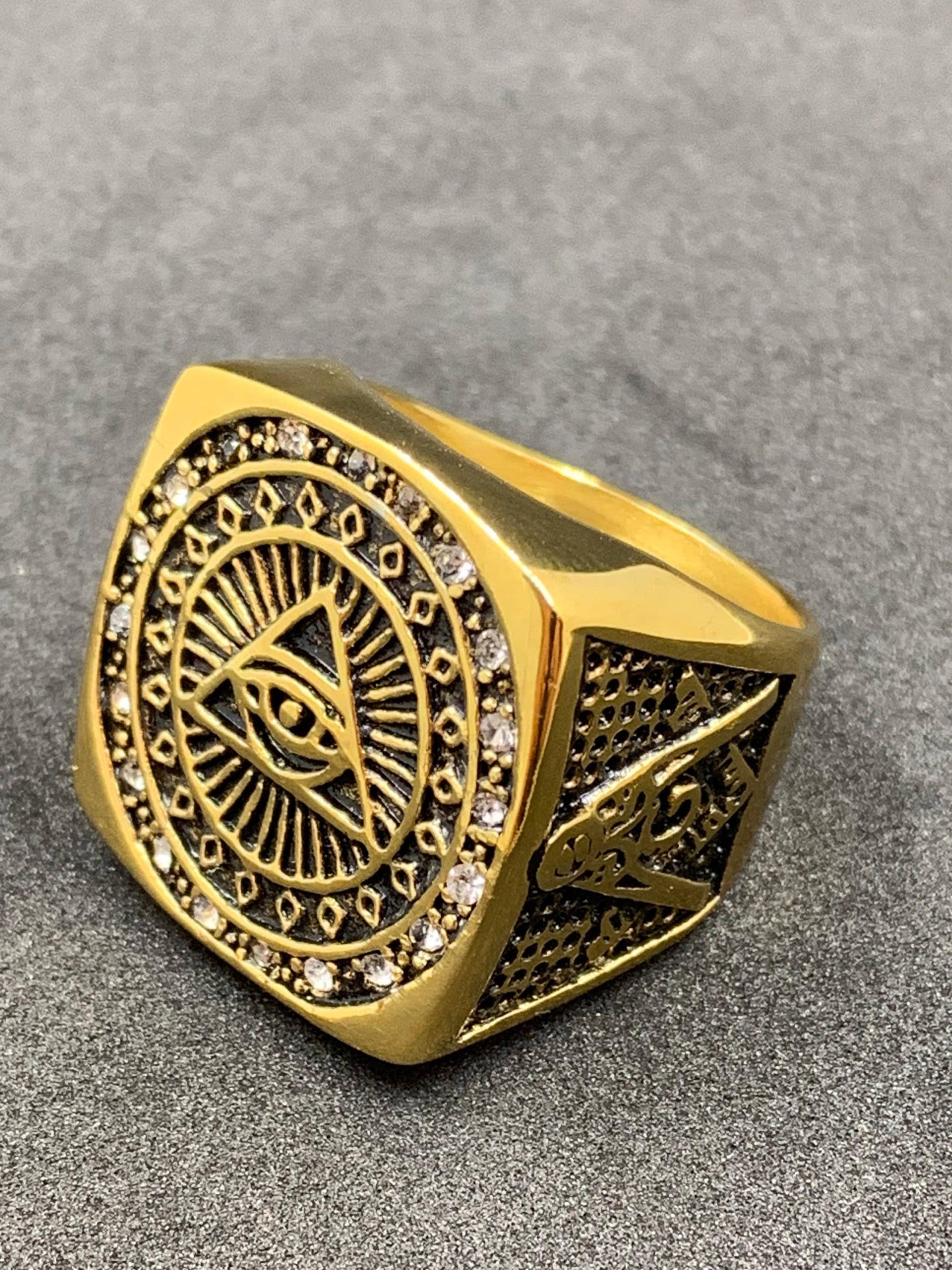 Masonic Freimaurer Illuminati Vergoldeter Ring Mit Kunststein Der Pyramiden Auge Herren Biker von GnGOutdoor