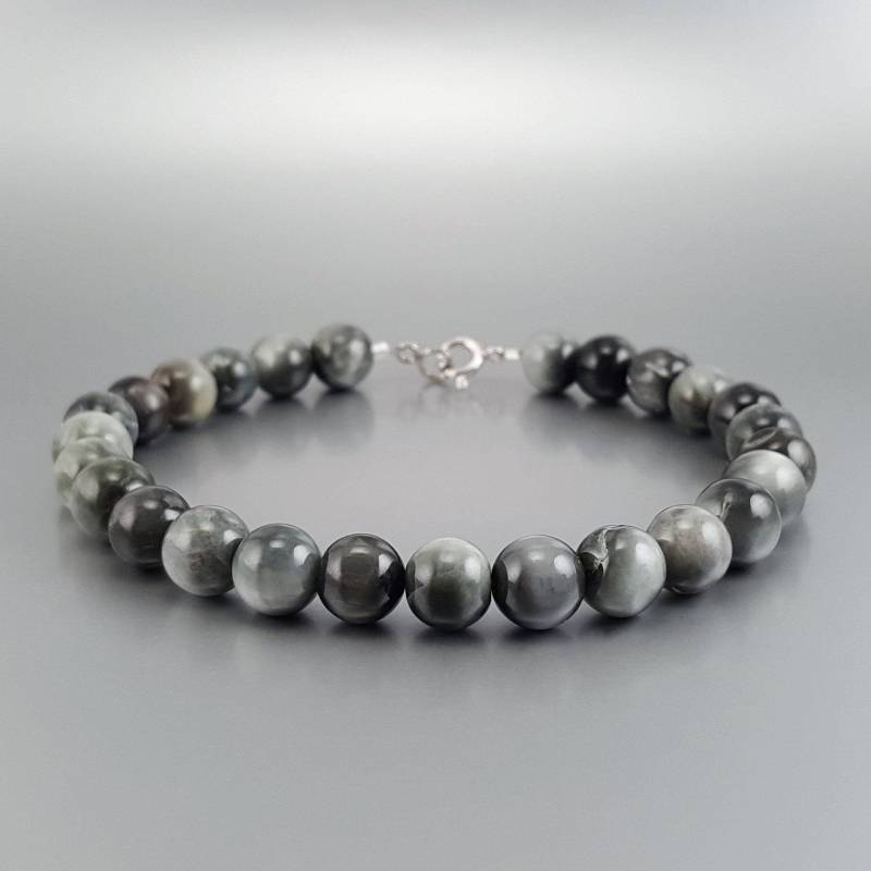 Herren Armband Falkenauge Handgemachter Schmuck Für Männer Geschenk Ihn Natürliches Graues Edelstein Armband von Gnatus