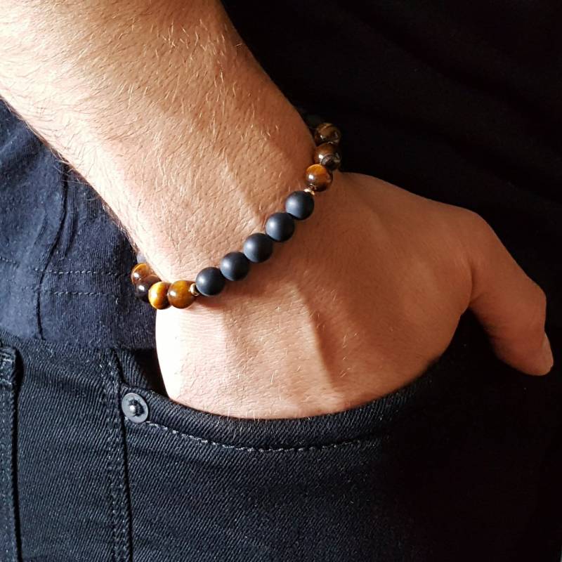 Herren Armband Schwarzer Onyx Tigerauge Edelstein, Handgemachter Schmuck Für Männer, Naturstein Armbänder Einzigartige Geschenke Geschenk Ihn von Gnatus