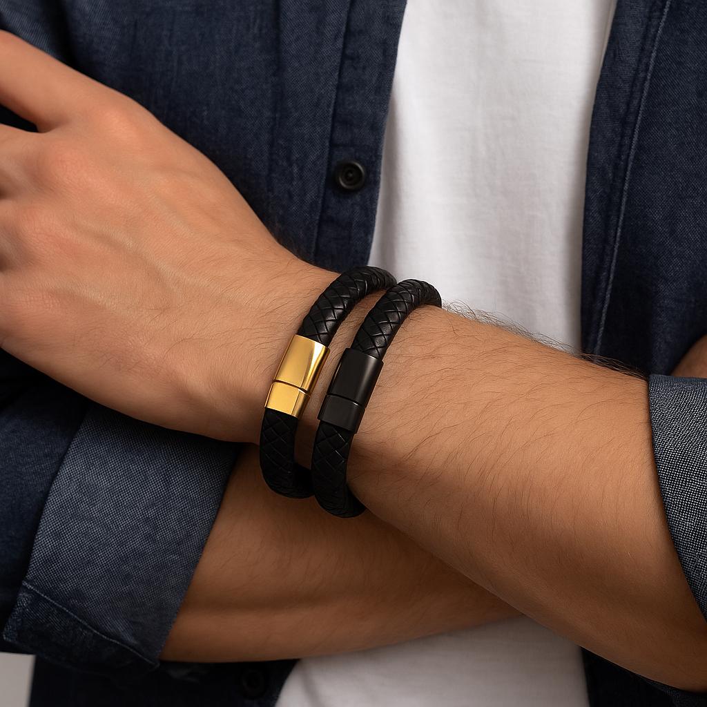 Herren Schwarz Leder Armband Mit Und Gold Magnet Verschluss Handgefertigter Edelstahl Schmuck Einzigartige Geschenke Für Ihn Männer von Gnatus