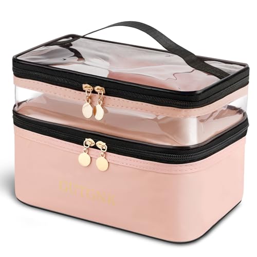 GnbOw Kosmetiktaschen für Frauen, transparentes Leder, doppellagige Make-up-Tasche, große Reise-Make-up-Tasche für Reiseutensilien, Organizer, Kulturbeutel – Rosa, Pink, Reise-Make-up-Tasche, großes von GnbOw