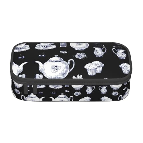 Gnbmvcc Handgezeichnete Teekannen und Tassen Multifunktionale Schreibwarentasche Aufbewahrungstasche Kann Schreibwaren, Kosmetik, Bürobedarf aufbewahren. von Gnbmvcc