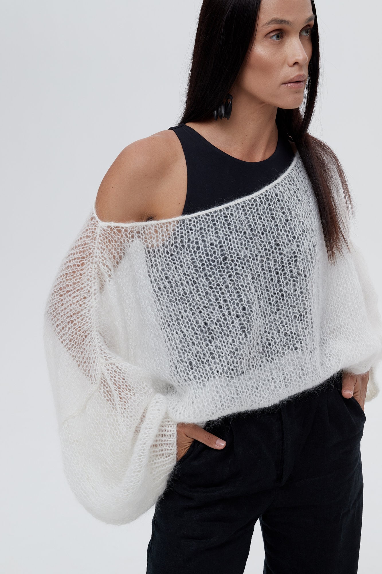 Oversized Mohair Strick Pullover - Gestricktes Netz Top Frauen Durchsichtiger Kurzer Weißer von GnizdoLinen