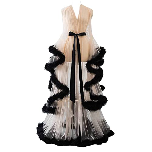 Gnohnay Maxirock für Damen, Hollywood Fuzzy Kleid, Tüll, Boudoir-Kleid, Brautkleid, Federmantel, Nachtkleid, Spitzenkleid mit ausgestellten Ärmeln, sexy Illusion lang Dessous, beige, One size von Gnohnay