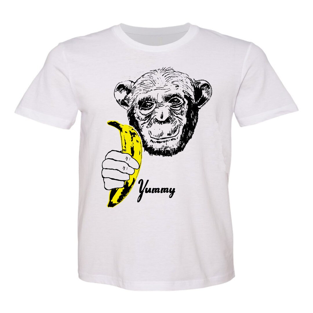 Banana Chimp T-Shirt - Unisex Xsmall Mens Womens Pop Art Yummy Andy Warhol Samt U-Frucht Schwarz Weiß Gelb Affe von GnomEnterprises
