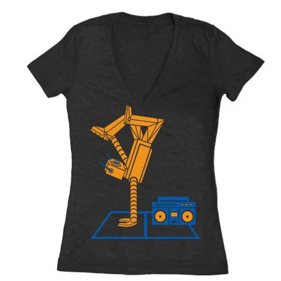 Breakdance Roboter Damen V Ausschnitt - Frauen Xlarge Tailliert Vneck Doll T-Shirt Tshirt Vintage Awesome Robot Charcoal Schwarz von GnomEnterprises
