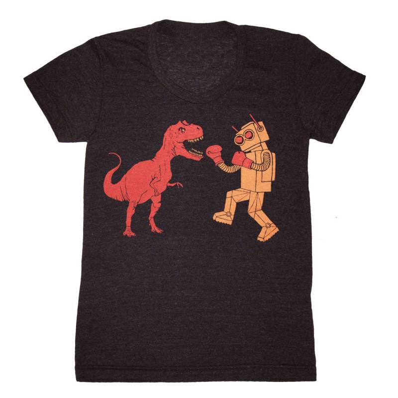 Dinosaur Vs Roboter - Frauen U-Ausschnitt Baby Doll T-Shirt Tshirt Vintage Retro Super Dino Trex T-Rex Boxen Charcoal Tri Schwarzes von GnomEnterprises