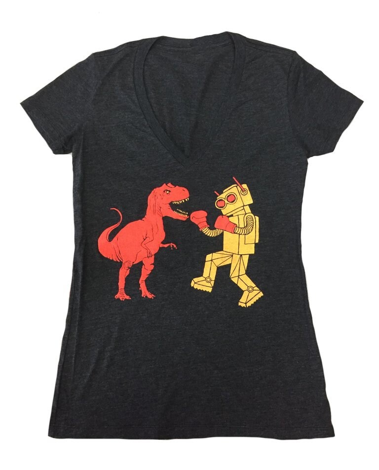 Dinosaurier Gegen Roboter - Frauen Ausgestattet Mit V-Ausschnitt Baby Doll T-Shirt Tshirt Vintage Retro Super Dino Trex T-Rex Boxen Charcoal Schwarz von GnomEnterprises