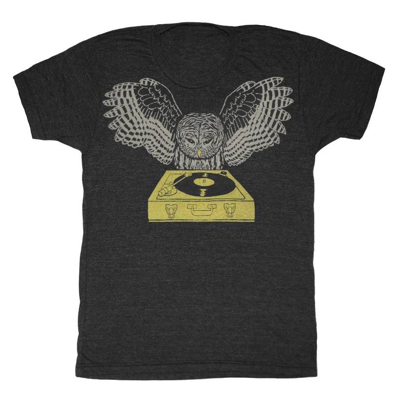 Dj Owl - Unisex Herren T-Shirt Schallplatte Vogel Federn Retro Spinning Chartreuse Plattenspieler Super Musik Tri Schwarz Holzkohle Tshirt von GnomEnterprises