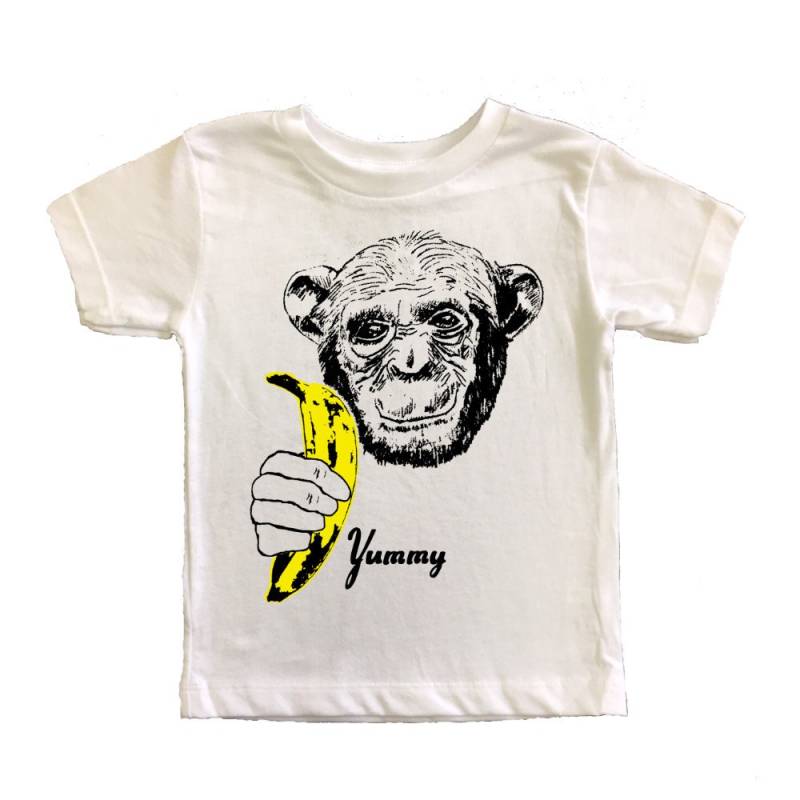 Kids Banana Schimpanse T-Shirt - Unisex Jungen Mädchen Pop Art Yummy Andy Warhol Velvet Untergrund Obst Weiß Gelb Affe Tier von GnomEnterprises