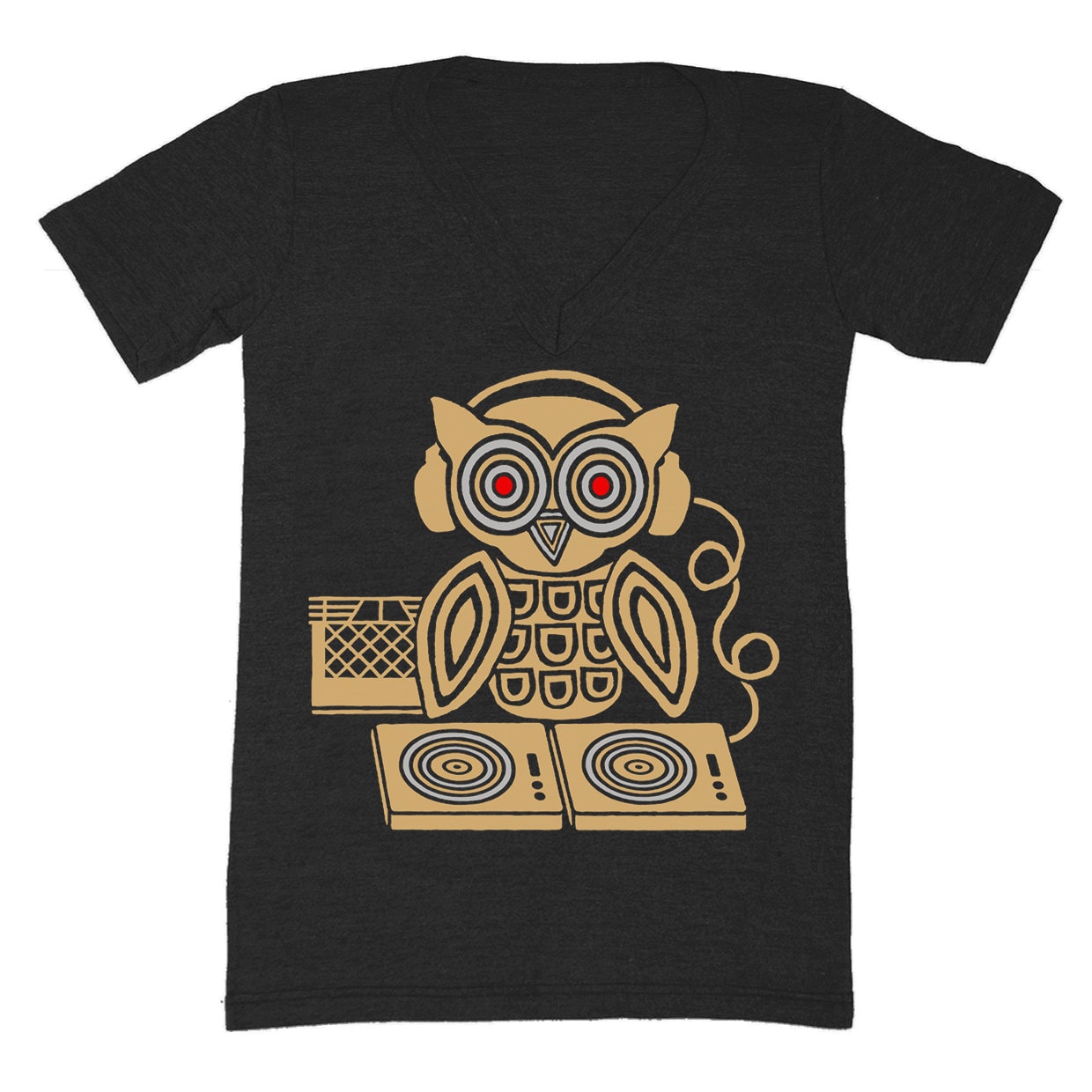 Kopfhörer Eule - Unisex Xsmall V-Ausschnitt T-Shirt T-Shirt Turntable Musik Eulen Vogel Retro Rekord Spinnen Alten Dj Tri Schwarz Tshirt von GnomEnterprises
