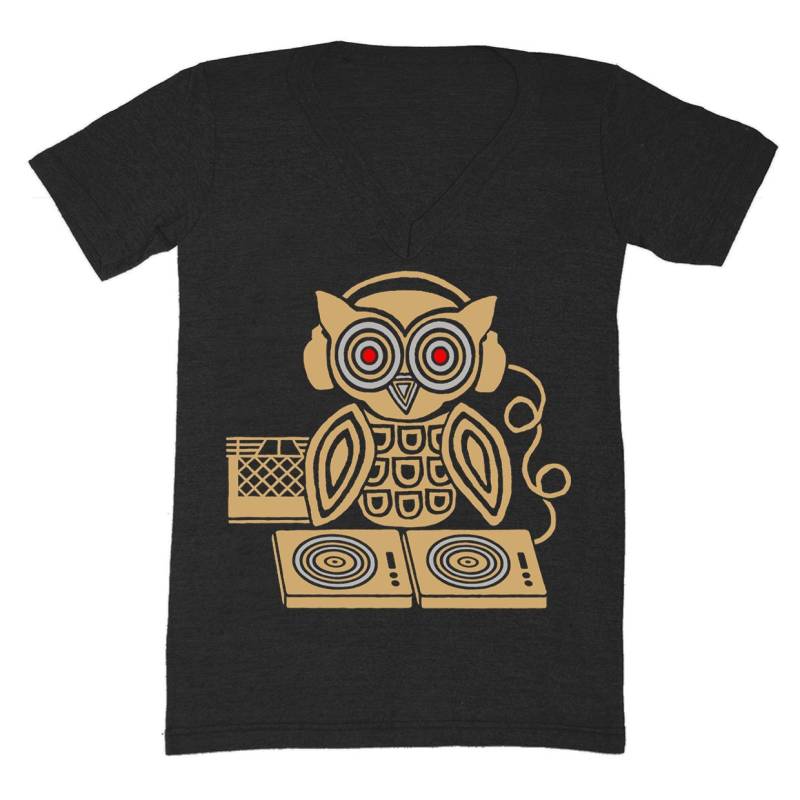 Kopfhörer Eule - Unisex Xsmall V-Ausschnitt T-Shirt T-Shirt Turntable Musik Eulen Vogel Retro Rekord Spinnen Alten Dj Tri Schwarz Tshirt von GnomEnterprises