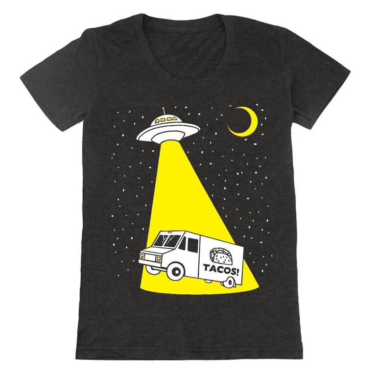 Taco Truck Abbraut Damen T-Shirt - Mädchen Anthrazit Tacos Alien Ufo Aliens Süß Lustig Mond Strahl Sterne Retro Schwarz Triblend von GnomEnterprises