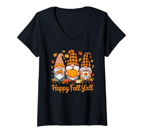 Damen Zwerg Happy Fall Y'all Autumn Leaves Fall Pumpkin Pie Season T-Shirt mit V-Ausschnitt Damen Zwerg Happy Fall Y'all Autumn Leaves Fall Pumpkin Pie Season T-Shirt mit V-Ausschnitt von Gnome Autumn Fall Family Vibes Pumpkin Lovers