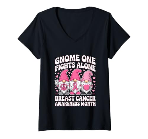 Damen GNOME One Fights Alone Brustkrebs-Bewusstsein T-Shirt mit V-Ausschnitt von Gnome Awareness Fighters Unite Together