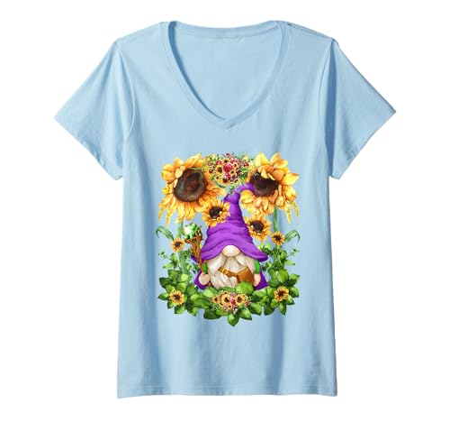 Damen Mystic GNOME Witch In Purple Wizard Outfit for Sunflower Mom T-Shirt mit V-Ausschnitt Damen Mystic GNOME Witch In Purple Wizard Outfit for Sunflower Mom T-Shirt mit V-Ausschnitt von Gnome Dragon And Wizard Gifts For Cosplay Lover