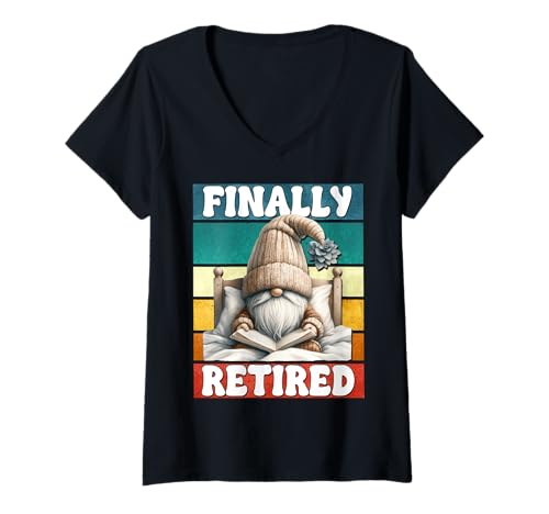 Damen Book Retirement GNOME Love Reading Finally Retired Teacher T-Shirt mit V-Ausschnitt von Gnome Retirement Reading Gifts For Retired Teacher