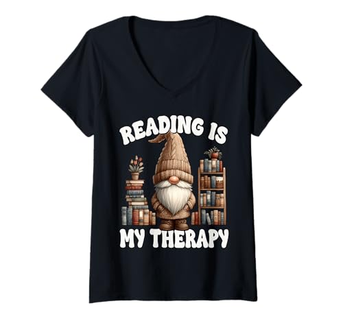Damen Reading is My Therapy Librarian Book GNOME for Retired Life T-Shirt mit V-Ausschnitt von Gnome Retirement Reading Gifts For Retired Teacher