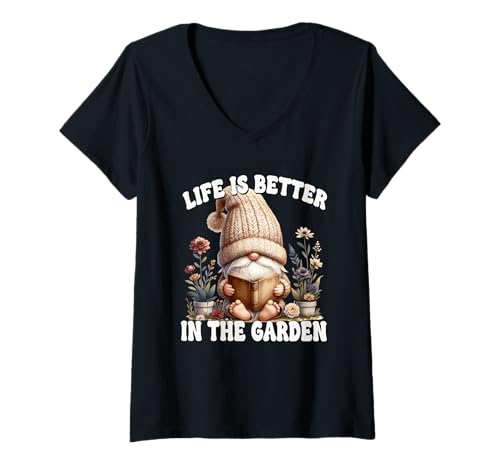 Damen Retired Life is Better In The Garden GNOME for Book Lover T-Shirt mit V-Ausschnitt von Gnome Retirement Reading Gifts For Retired Teacher