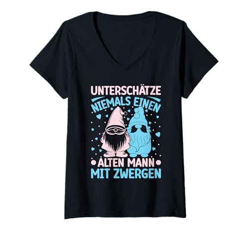 Damen Gartenzwerg Unterschätz Niemals Einen Alten Mann Mit Zwergen T-Shirt mit V-Ausschnitt von Gnome Shirts Für Damen Gnome Geschenke Shirt