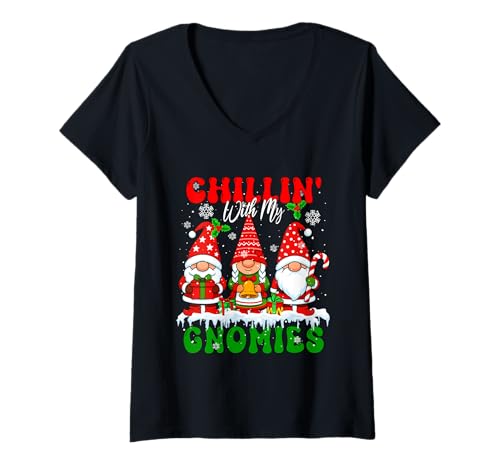 Damen Chillin' with My Gnomies Weihnachten DREI Weihnachtszwerge im Schnee T-Shirt mit V-Ausschnitt Damen Chillin' with My Gnomies Weihnachten DREI Weihnachtszwerge im Schnee T-Shirt mit V-Ausschnitt von Gnomes Christmas Costume