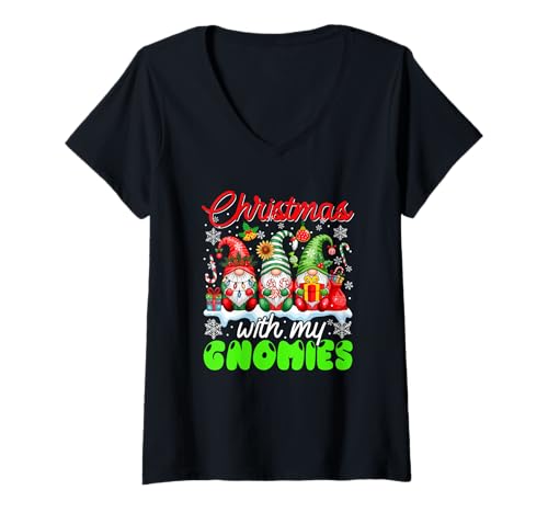 Damen Christmas with My Gnomies Three Gnomes Colorful Floral T-Shirt mit V-Ausschnitt Damen Christmas with My Gnomies Three Gnomes Colorful Floral T-Shirt mit V-Ausschnitt von Gnomes Christmas Costume