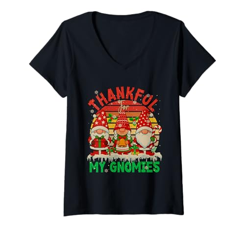 Damen DREI Zwerge im Vintage-Retro-Design „Thankful for My Gnomies“ zu Weihnachten T-Shirt mit V-Ausschnitt Damen DREI Zwerge im Vintage-Retro-Design „Thankful for My Gnomies“ zu Weihnachten T-Shirt mit V-Ausschnitt von Gnomes Christmas Costume