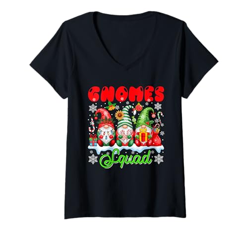 Damen Gnomes Squad Three Gnomes Colorful Floral Christmas Candies T-Shirt mit V-Ausschnitt Damen Gnomes Squad Three Gnomes Colorful Floral Christmas Candies T-Shirt mit V-Ausschnitt von Gnomes Christmas Costume