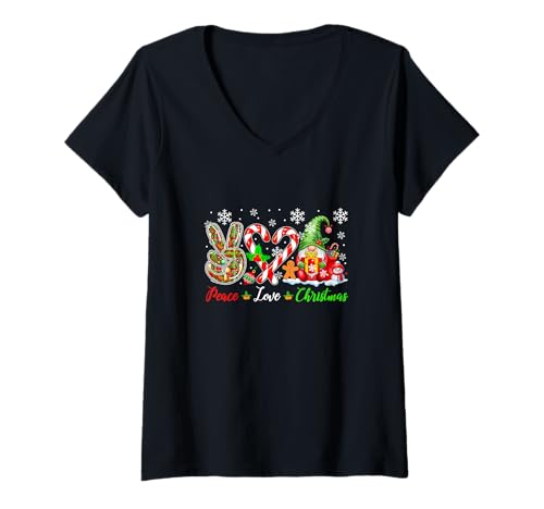 Damen Peace Love Christmas GNOME Candy Canes Cute Heart Shape T-Shirt mit V-Ausschnitt Damen Peace Love Christmas GNOME Candy Canes Cute Heart Shape T-Shirt mit V-Ausschnitt von Gnomes Christmas Costume