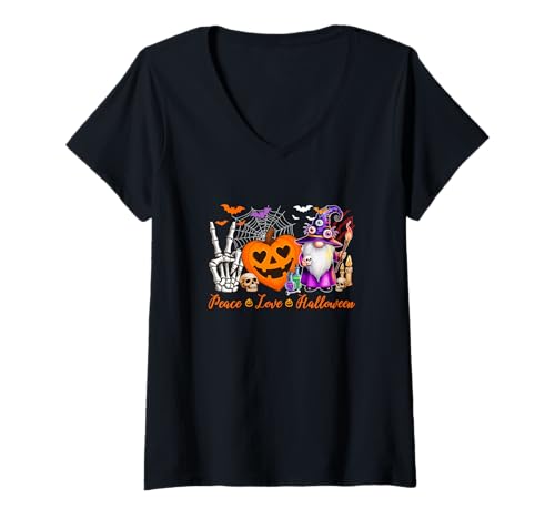 Damen Peace Love Halloween GNOME Horror Carved Pumpkin Cute Heart T-Shirt mit V-Ausschnitt Damen Peace Love Halloween GNOME Horror Carved Pumpkin Cute Heart T-Shirt mit V-Ausschnitt von Gnomes Halloween Costume