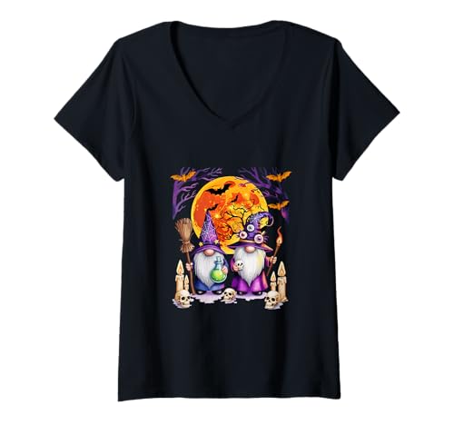 Damen Zwei Horror-Zwerge als Hexe Halloween Mond passende Partys T-Shirt mit V-Ausschnitt Damen Zwei Horror-Zwerge als Hexe Halloween Mond passende Partys T-Shirt mit V-Ausschnitt von Gnomes Halloween Costume