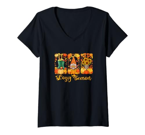 Damen Cozy Thanksgiving Season Costume Fall Pumpkins Floral GNOME T-Shirt mit V-Ausschnitt Damen Cozy Thanksgiving Season Costume Fall Pumpkins Floral GNOME T-Shirt mit V-Ausschnitt von Gnomes Thanksgiving Costume