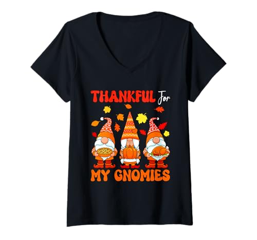 Damen Dankbar für Meine Gnomies Thanksgiving DREI Zwerge Herbst T-Shirt mit V-Ausschnitt Damen Dankbar für Meine Gnomies Thanksgiving DREI Zwerge Herbst T-Shirt mit V-Ausschnitt von Gnomes Thanksgiving Costume
