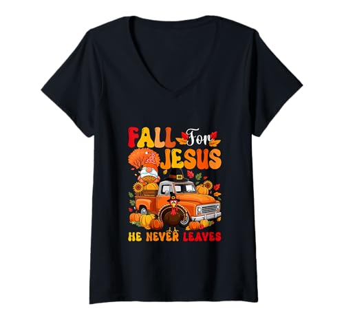 Damen Fall Proud Jesus Thanksgiving Turkey GNOME On Pickup Truck T-Shirt mit V-Ausschnitt Damen Fall Proud Jesus Thanksgiving Turkey GNOME On Pickup Truck T-Shirt mit V-Ausschnitt von Gnomes Thanksgiving Costume
