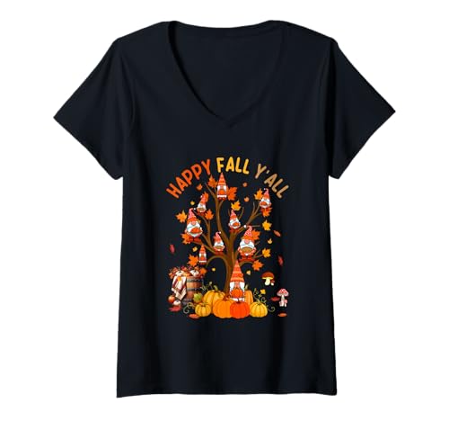 Damen Fall Y'all Group Gnomes On Fall Tree Pumpkins Thanksgiving T-Shirt mit V-Ausschnitt Damen Fall Y'all Group Gnomes On Fall Tree Pumpkins Thanksgiving T-Shirt mit V-Ausschnitt von Gnomes Thanksgiving Costume