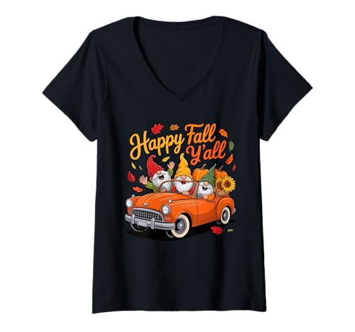 Damen Fall Y'all Thanksgiving Three Gnomes Carrying Pumpkin On Car T-Shirt mit V-Ausschnitt Damen Fall Y'all Thanksgiving Three Gnomes Carrying Pumpkin On Car T-Shirt mit V-Ausschnitt von Gnomes Thanksgiving Costume