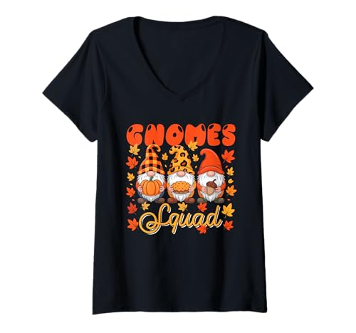 Damen Gnomes Squad Three Gnomes Fall Leaves Pumpkin Thanksgiving T-Shirt mit V-Ausschnitt Damen Gnomes Squad Three Gnomes Fall Leaves Pumpkin Thanksgiving T-Shirt mit V-Ausschnitt von Gnomes Thanksgiving Costume