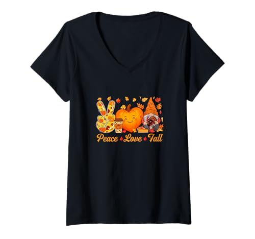 Damen Peace Love Thanksgiving GNOME Fall Leaves Pumpkin Cute Heart T-Shirt mit V-Ausschnitt Damen Peace Love Thanksgiving GNOME Fall Leaves Pumpkin Cute Heart T-Shirt mit V-Ausschnitt von Gnomes Thanksgiving Costume