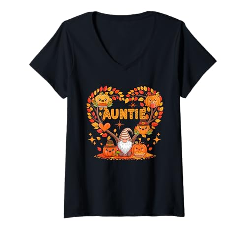 Damen Tante Thanksgiving Zwerg Pupmkins Fall Tree Cute Heart T-Shirt mit V-Ausschnitt Damen Tante Thanksgiving Zwerg Pupmkins Fall Tree Cute Heart T-Shirt mit V-Ausschnitt von Gnomes Thanksgiving Costume