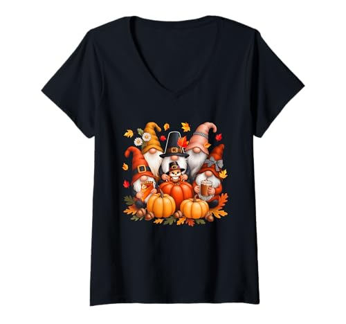 Damen Thanksgiving Group Gnomes Turkey Pumpkin Pie Autumn Pilgrim T-Shirt mit V-Ausschnitt Damen Thanksgiving Group Gnomes Turkey Pumpkin Pie Autumn Pilgrim T-Shirt mit V-Ausschnitt von Gnomes Thanksgiving Costume