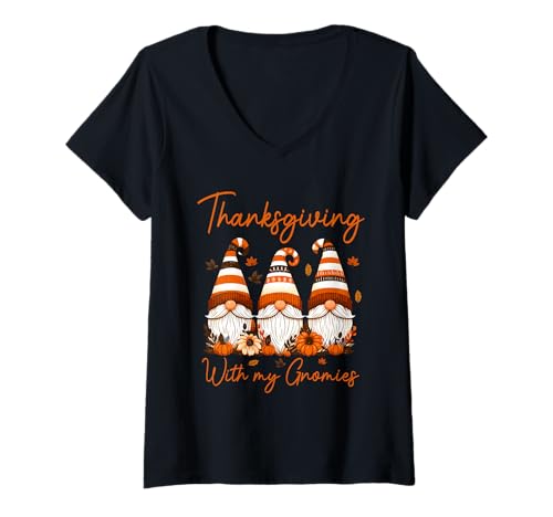 Damen Thanksgiving with My Gnomies DREI Zwerge, Herbstblumen T-Shirt mit V-Ausschnitt Damen Thanksgiving with My Gnomies DREI Zwerge, Herbstblumen T-Shirt mit V-Ausschnitt von Gnomes Thanksgiving Costume